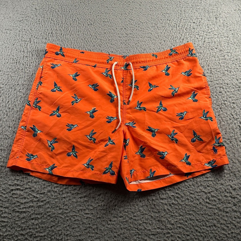 Polo Ralph Lauren Swim Trunks Mens L Hummingbird Print Orange‎ Drawstring Beach